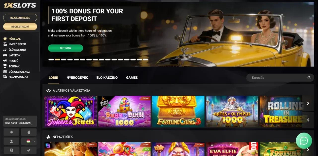 1xSlots webes kezdőképernyő pillanatképe a Kaszinók24 főoldali 5. hely értékeléshez: 100% első befizetéses bónusz banner art déco autó motívummal és GET NOW gomb, magyar oldalsáv (Bejelentkezés, Regisztráció, Nyerőgépek, Élő kaszinó), LOBBI fülek és A játékos választása játékválogatás (Gates of Olympus, Sugar Rush stb.), sötét prémium felület arany kiemelésekkel (szerkesztőségi illusztráció, 2026).