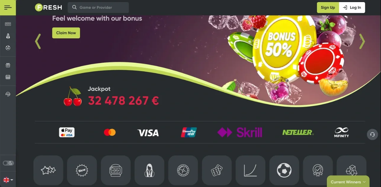 Fresh Casino webes kezdőképernyő pillanatképe a Kaszinók24 főoldali Nr 1 értékeléshez: üdvözlő bónusz szalag Claim Now gombbal, jackpot számláló cseresznye ikonnal, Apple Pay, Mastercard, Visa, UnionPay, Skrill, Neteller és MiFinity logók a fizetési sávban, sötét téma lime zöld kiemelésekkel (szerkesztőségi illusztráció, 2026).