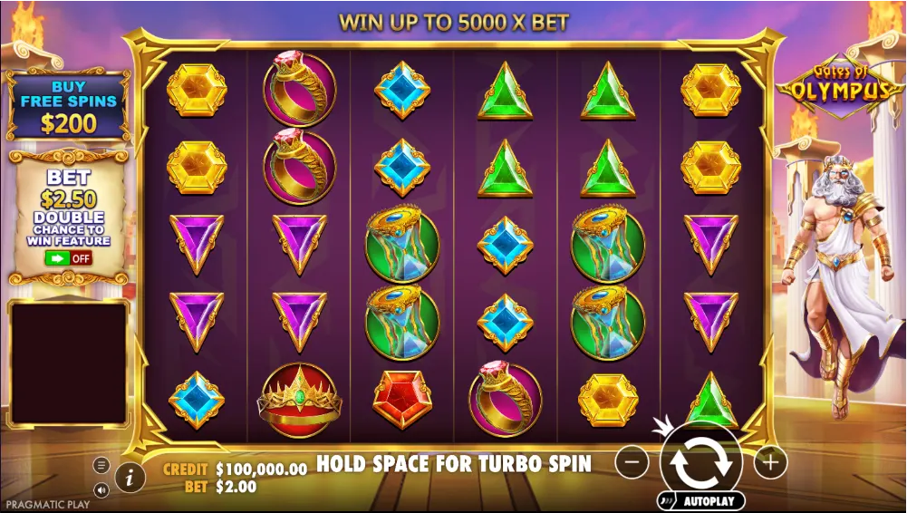 Gates of Olympus (Pragmatic Play) online nyerőgép játék képernyője: 6×5-ös zuhanós rácson arany díszkeretben színes drágakő és arany tárgyi szimbólumok (rubinos gyűrű, kék homokóra, zöld drágaköves korona); jobbra lebegő Zeusz fehér szakállal és hajjal, fehér himationnal és arany páncéllal, izzó szemmel; háttérben olümposzi márványoszlopok égő fáklyákkal, lila–narancs alkony ég; felül „WIN UP TO 5000 X BET” szalag, jobb felső sarokban Gates of Olympus logó; bal oldalon Buy Free Spins 200 dolláros árral és Ante Bet / dupla esély panel; alul Credit és Bet kijelzők, középen „HOLD SPACE FOR TURBO SPIN” felirat, jobbra nagy kör pörgető gomb, ± tétgombok és Autoplay, bal alsó sarokban Pragmatic Play logó, illusztráció a Kaszinók24 Gates of Olympus szakértői értékeléséhez.