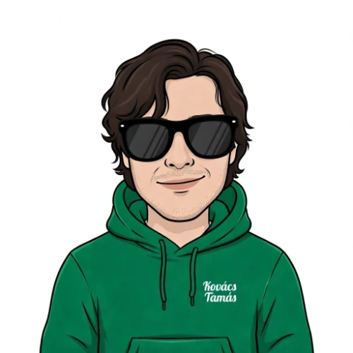 Kovács Tamás arcképe, szakértői ajánló doboz a főoldalon (illusztrált portré)