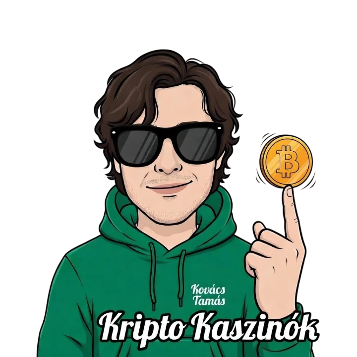 Kaszinók24 kripto-hub fejlécgrafika: Kovács Tamás stilizált arcképe zöld kapucnis pulóverben és napszemüvegben, mutatóujján egyensúlyoz egy arany Bitcoin érmét; a ruhán „Kovács Tamás”, az alsó sávban nagy fehér kontúros „Kripto Kaszinók” felirat, fekete háttér, vektoros szerkesztőségi illusztráció, 2026.