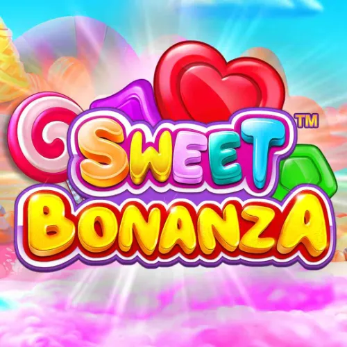 Sweet Bonanza (Pragmatic Play) hivatalos játéklogó: színes, buborékos 3D „SWEET” és nagy sárga „BONANZA” felirat lila keretben és TM jellel; piros szív alakú cukorka, rózsaszín-fehér csavart nyalóka, zöld gyémánt-édesség, rózsaszín vattacukor-felhők és kék ég fehér napsugarakkal, illusztráció a Kaszinók24 Sweet Bonanza slot-értékeléséhez.