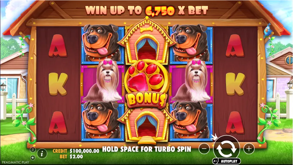 The Dog House (Pragmatic Play) online nyerőgép játék képernyője: 5×3-as tárcsák egy nagy fa kutyaház keretében, zöld indák és rózsaszín virágokkal; felül „WIN UP TO 6,750 X BET” felirat narancs–sárga árnyalatban; a tárcsákon mosolygó barna kutya, fehér kistestű kutya rózsaszín masnival, arany mancs alakú BONUS szimbólum piros drágakövekkel, kutyaház wild és stilizált A–K lapértékek; háttérben napsütéses kert, fehér kerítés és házak, kék madár a kereten; alul Credit és Bet kijelzők, „HOLD SPACE FOR TURBO SPIN” felirat, nagy kör alakú pörgető gomb és AUTOPLAY, bal alsó sarokban Pragmatic Play logó, illusztráció a Kaszinók24 The Dog House szakértői értékeléséhez.