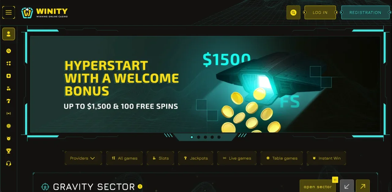 Winity Casino webes kezdőképernyő pillanatképe a Kaszinók24 főoldali 7. hely értékeléshez: HYPERSTART üdvözlő bónusz szalag „UP TO $1,500 & 100 FREE SPINS” felirattal, futurisztikus űrhajó és aranyérmék, sárga WINITY logó Winning Online Casino szlogennel, cián HUD keret, LOG IN / REGISTRATION gombok, bal oldali vertikális ikonmenü, Providers / All games / Slots / Jackpots / Live games / Table games / Instant Win szűrők és Gravity Sector szekció, sci-fi sötét téma (szerkesztőségi illusztráció, 2026).